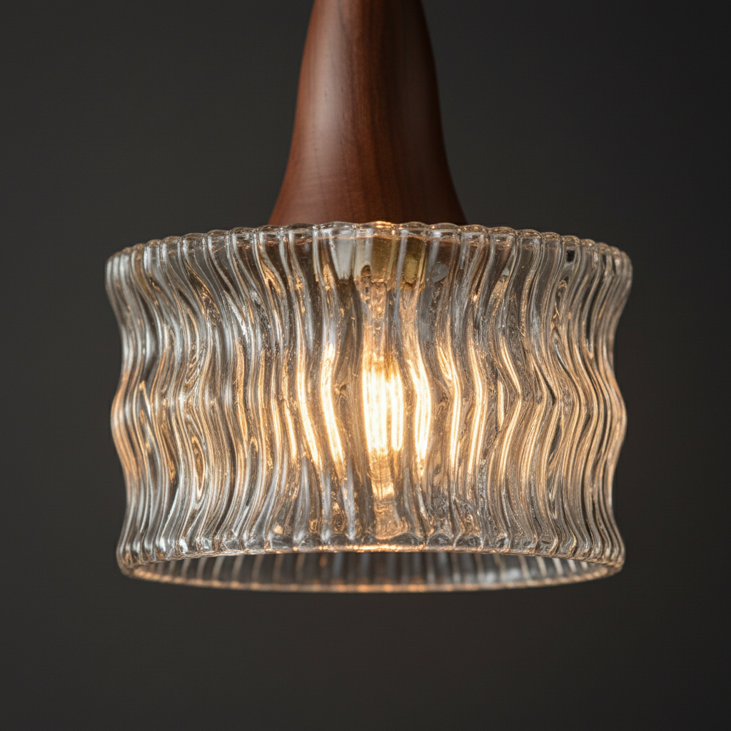 Suspension Bois Noyer Verre Cannelé Nordique - gros plan sur les détails de fabrication (variante clean)
