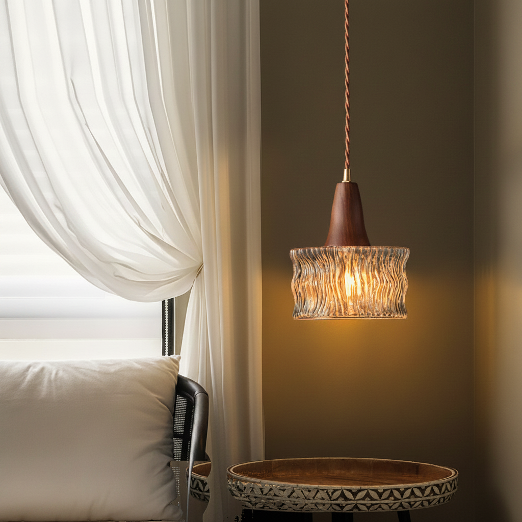 Suspension Bois Noyer Verre Cannelé Nordique allumée diffusant sa lumière (variante clean)