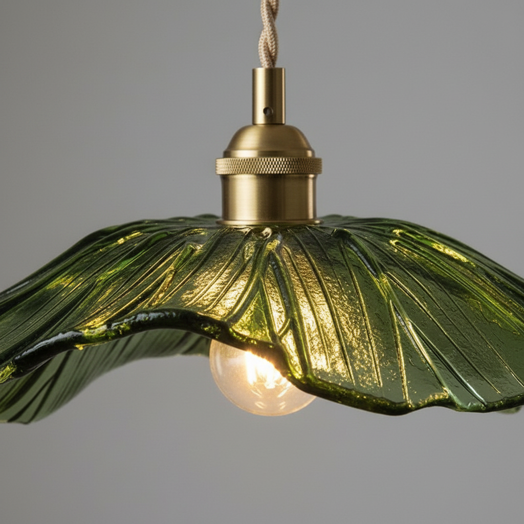 Lustre 2 Suspensions Feuille Verre Vert Vintage Bali - gros plan sur les détails de fabrication