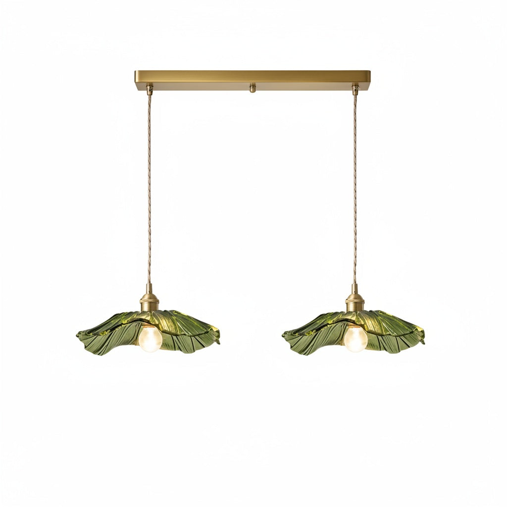 Lustre 2 Suspensions Feuille Verre Vert Vintage Bali - vue produit sur fond blanc