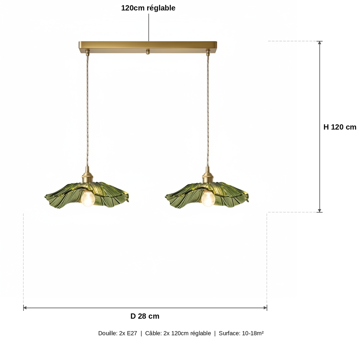 Lustre 2 Suspensions Feuille Verre Vert Vintage Bali - schéma des dimensions
