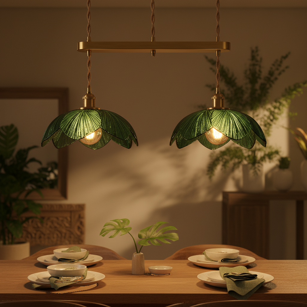 Lustre 2 Suspensions Feuille Verre Vert Vintage Bali mise en ambiance dans un intérieur