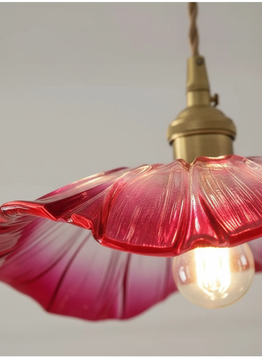 Lustre 2 Suspensions Fleur Verre Rouge Rose Vintage - gros plan sur les détails de fabrication