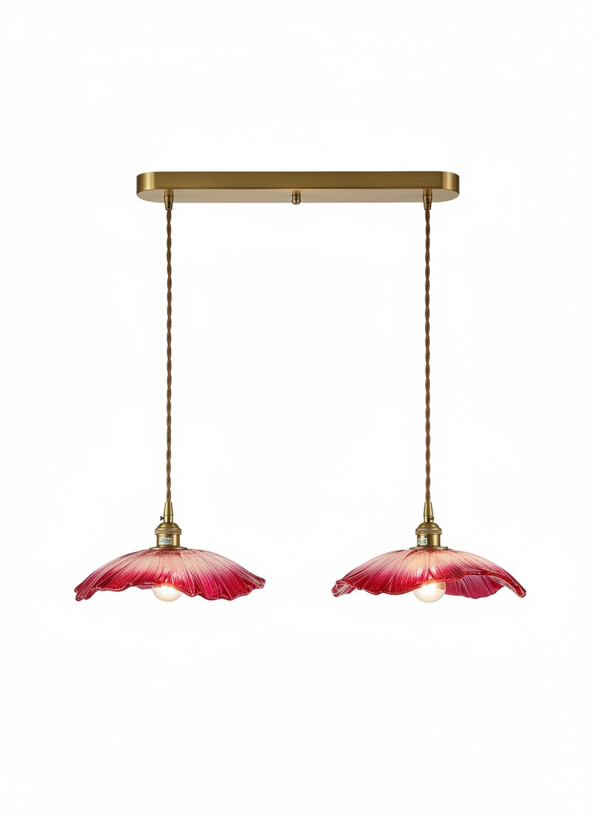Lustre 2 Suspensions Fleur Verre Rouge Rose Vintage - vue produit sur fond blanc