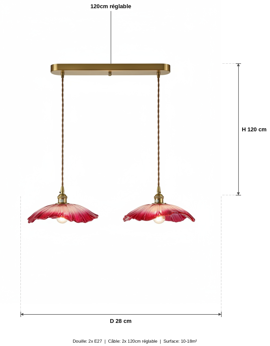 Lustre 2 Suspensions Fleur Verre Rouge Rose Vintage - schéma des dimensions