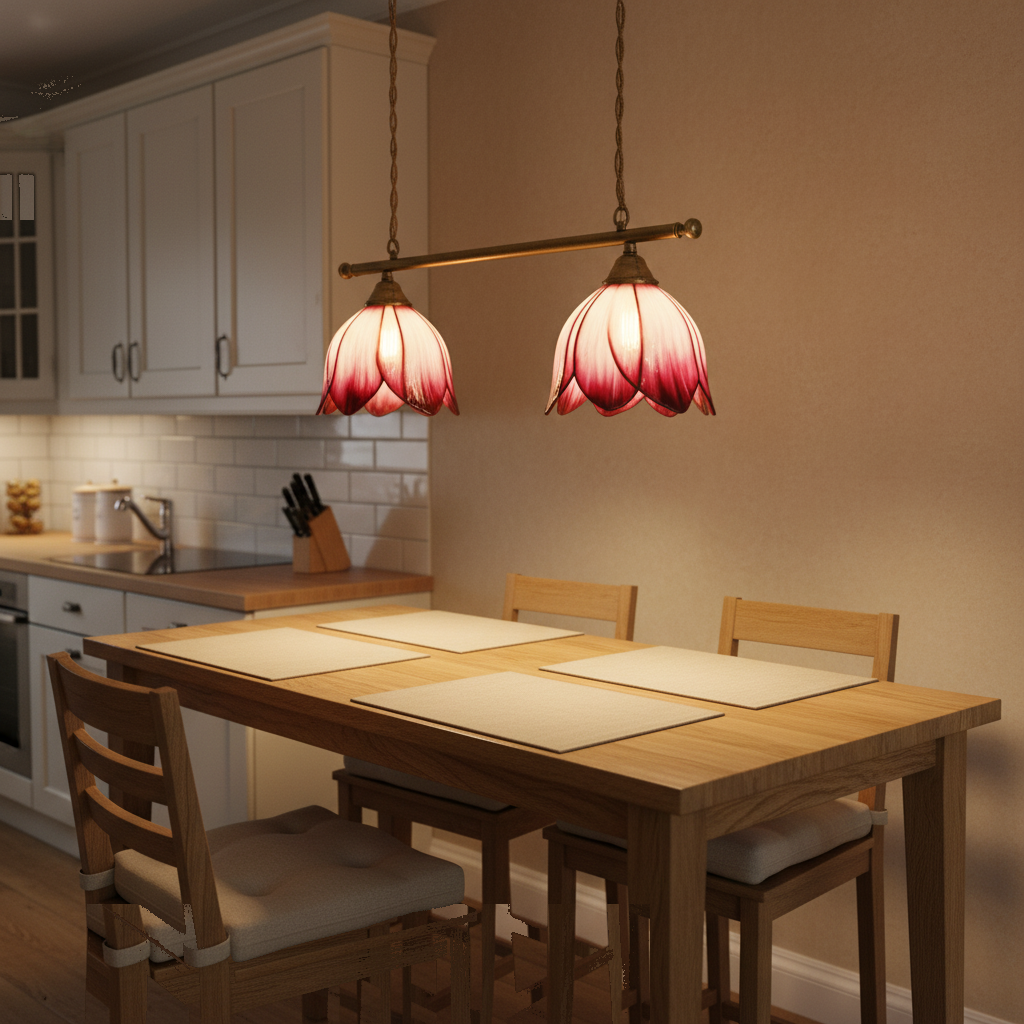 Lustre 2 Suspensions Fleur Verre Rouge Rose Vintage en situation décorative