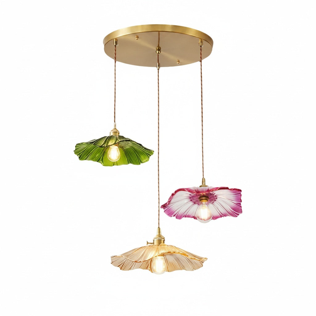 Lustre 3 Lampes Fleur Verre Bohème Laiton Doré - vue produit sur fond blanc