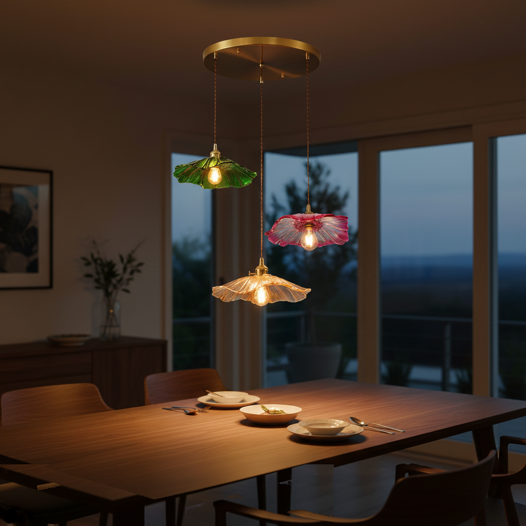 Lustre 3 Lampes Fleur Verre Bohème Laiton Doré allumée diffusant sa lumière