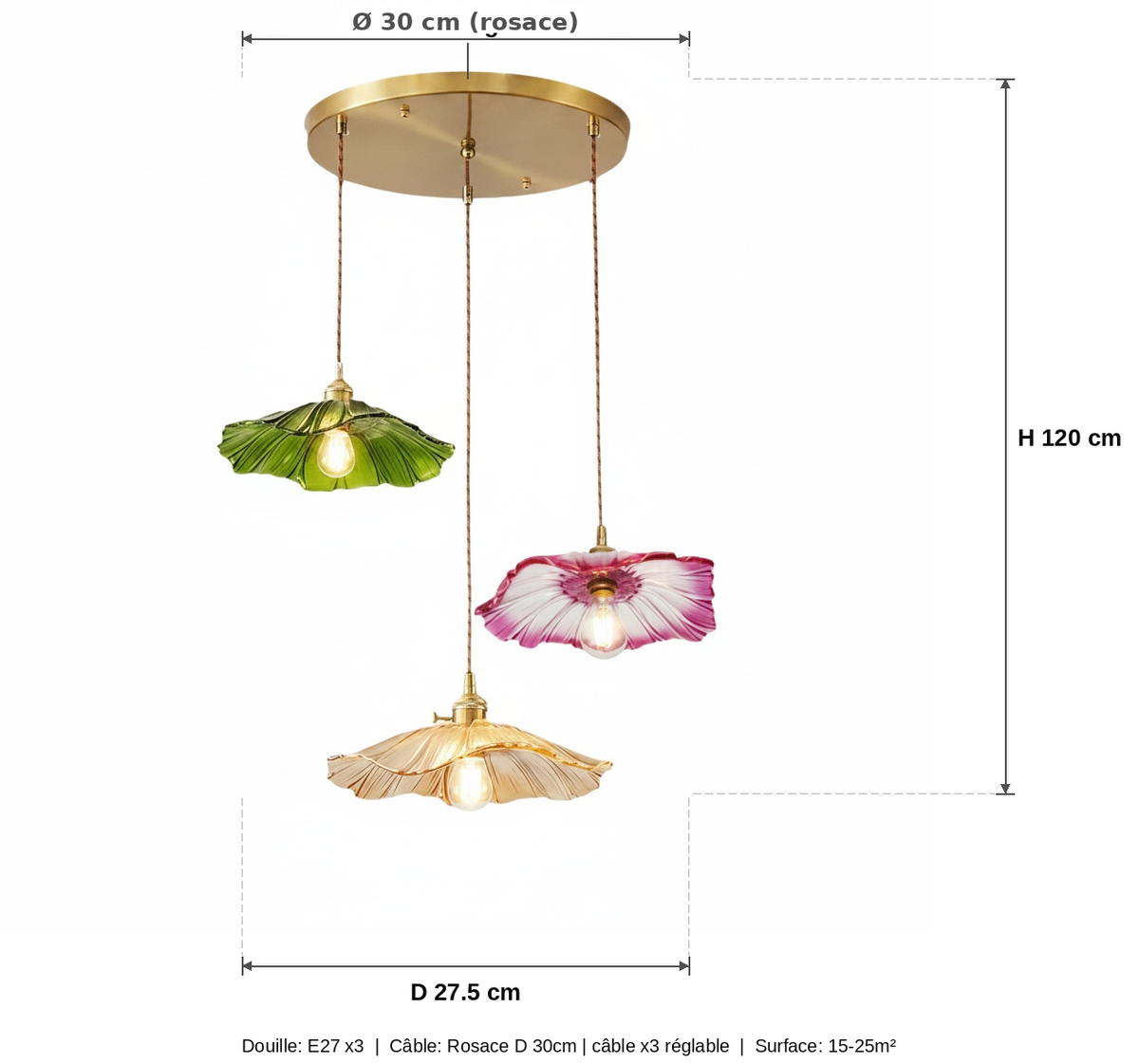 Lustre 3 Lampes Fleur Verre Bohème Laiton Doré - schéma des dimensions