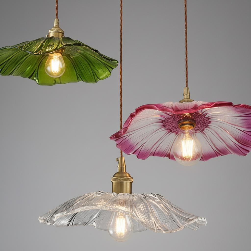 Lustre 3 Lampes Fleur Verre Vert Rose Transparent - gros plan sur les détails de fabrication