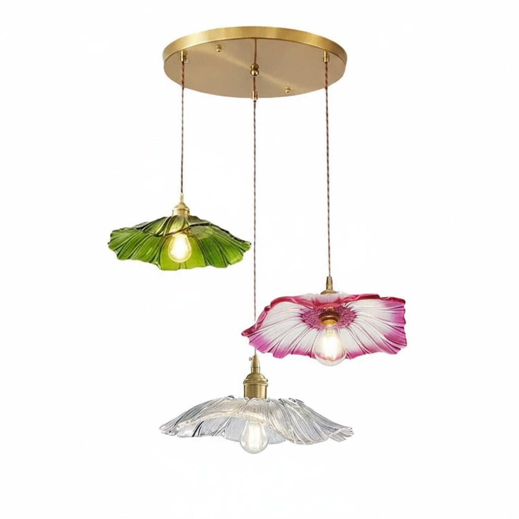 Lustre 3 Lampes Fleur Verre Vert Rose Transparent - vue produit sur fond blanc