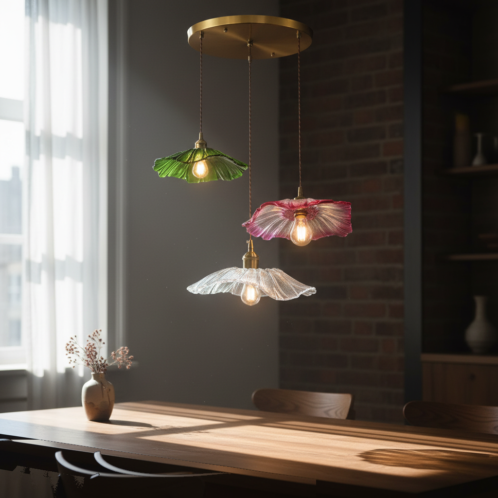 Lustre 3 Lampes Fleur Verre Vert Rose Transparent allumée diffusant sa lumière
