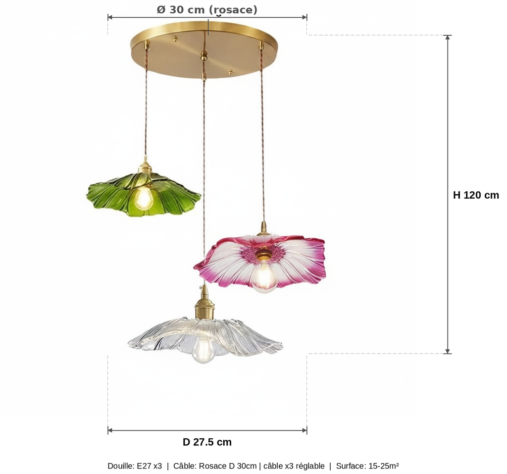 Lustre 3 Lampes Fleur Verre Vert Rose Transparent - schéma des dimensions