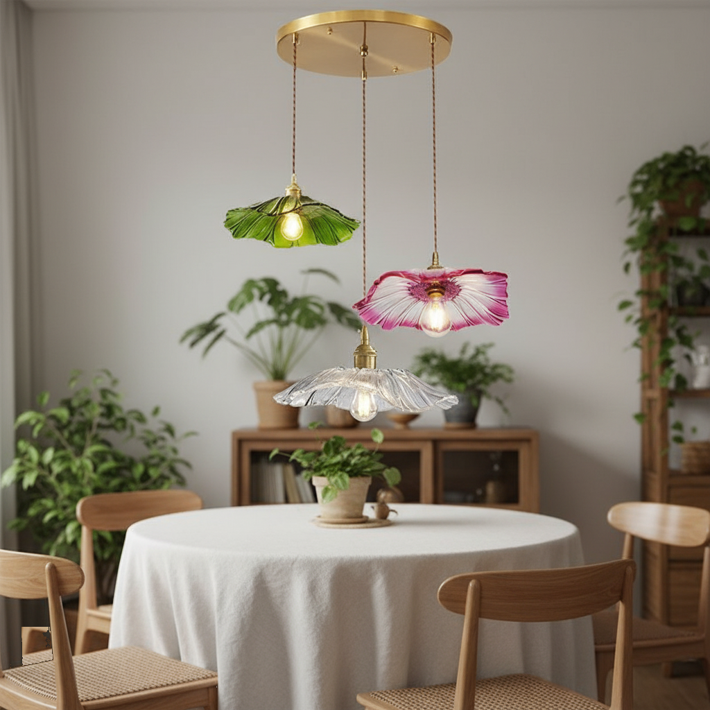 Lustre 3 Lampes Fleur Verre Vert Rose Transparent mise en ambiance dans un intérieur