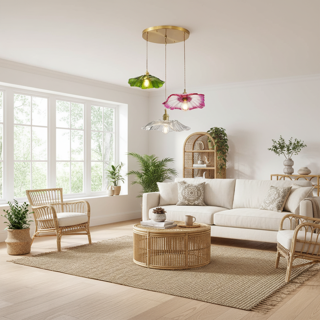 Lustre 3 Lampes Fleur Verre Vert Rose Transparent en situation décorative