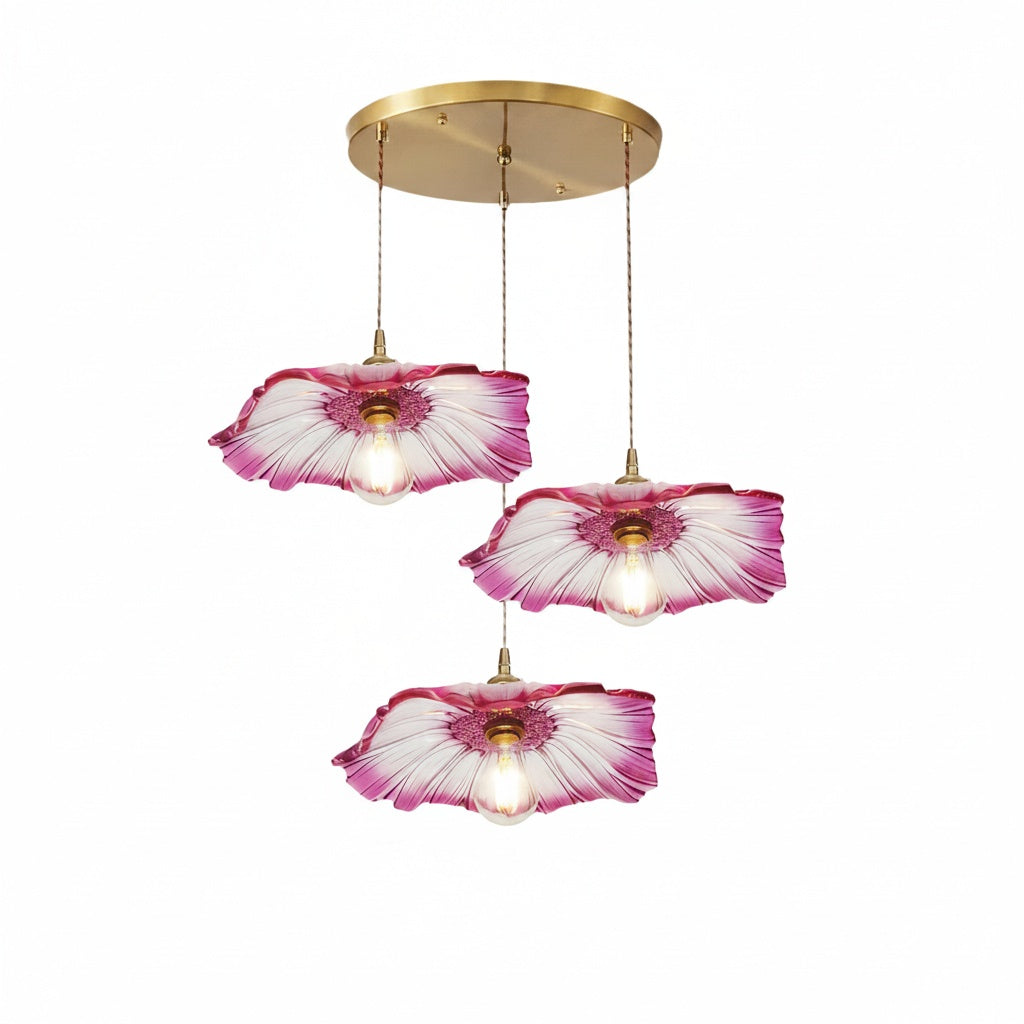 Lustre 3 Suspensions Fleur Verre Rose Violet Vintage - vue produit sur fond blanc