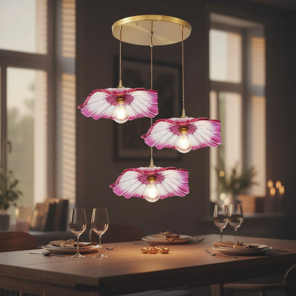 Lustre 3 Suspensions Fleur Verre Rose Violet Vintage allumée diffusant sa lumière