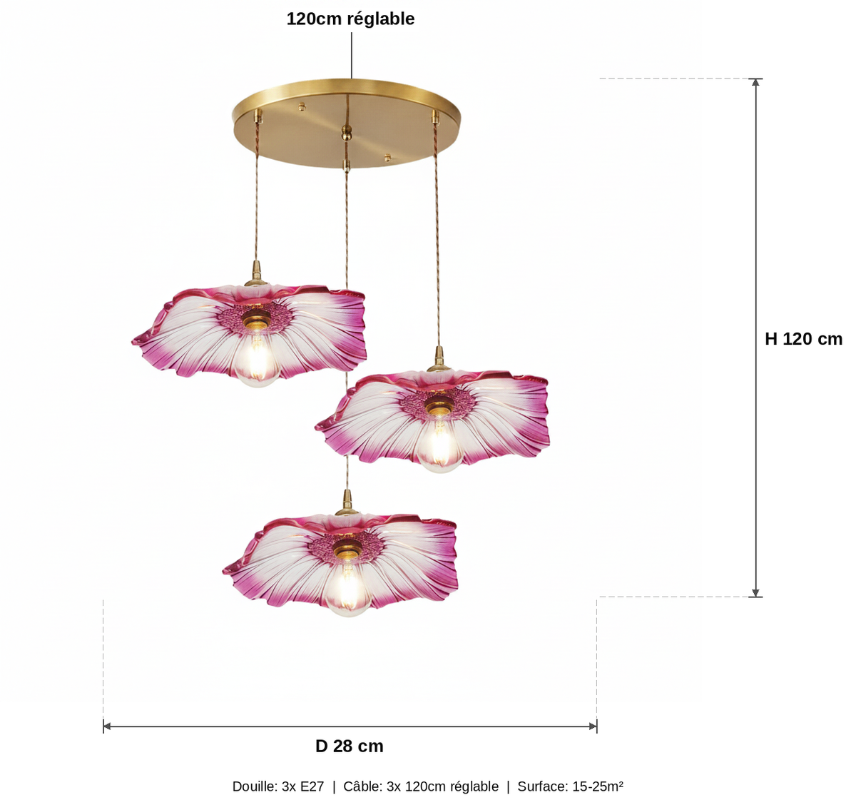 Lustre 3 Suspensions Fleur Verre Rose Violet Vintage - schéma des dimensions