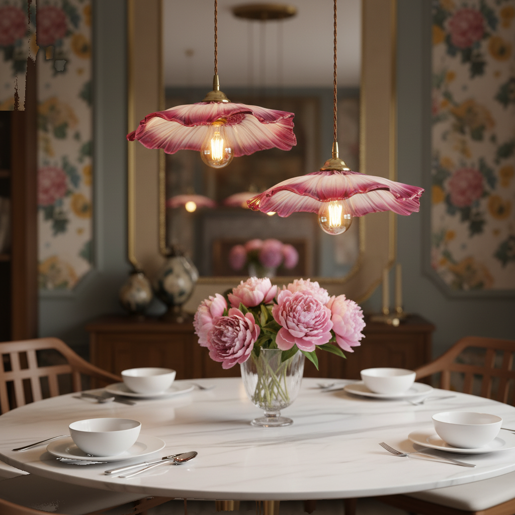 Lustre 3 Suspensions Fleur Verre Rose Violet Vintage mise en ambiance dans un intérieur