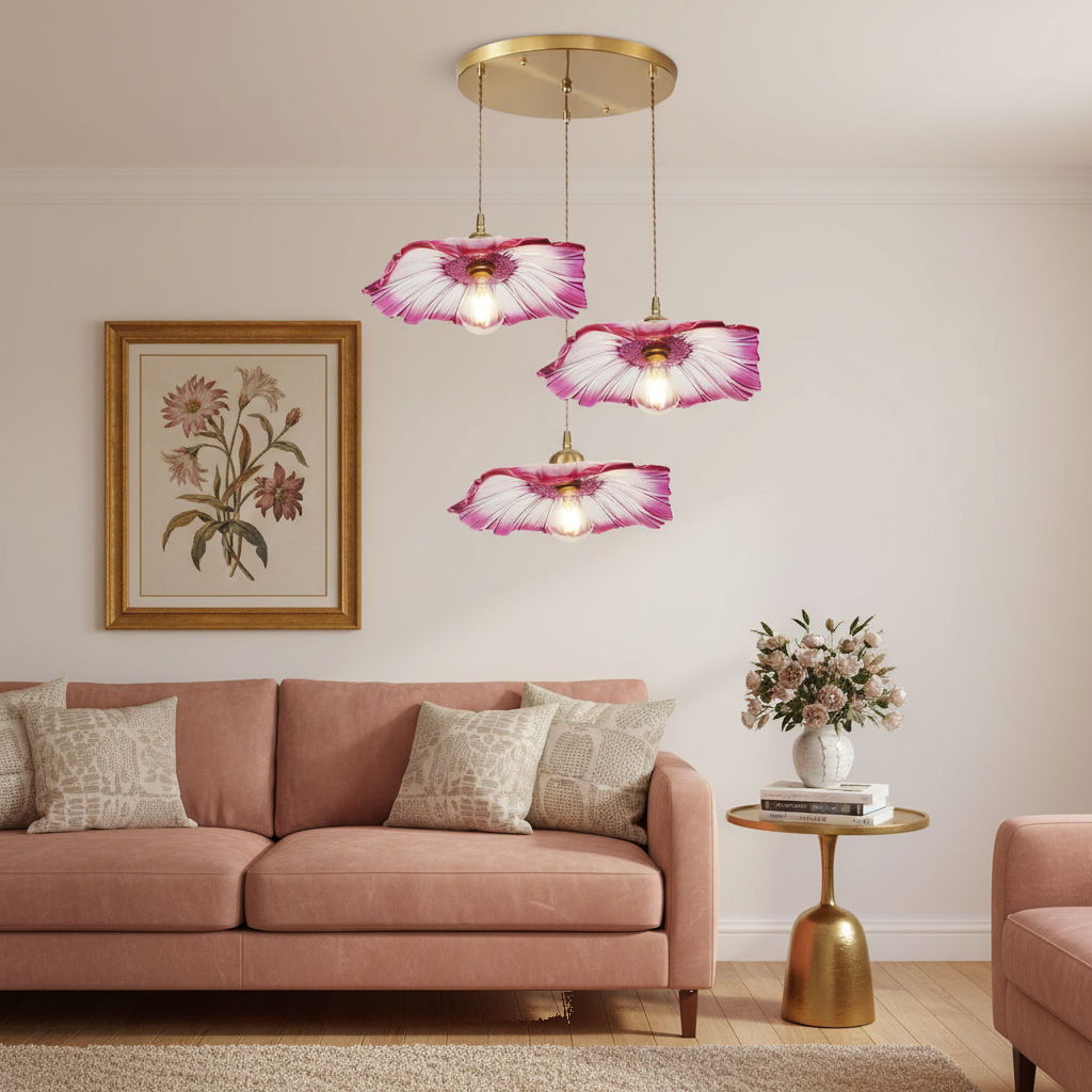 Lustre 3 Suspensions Fleur Verre Rose Violet Vintage en situation décorative