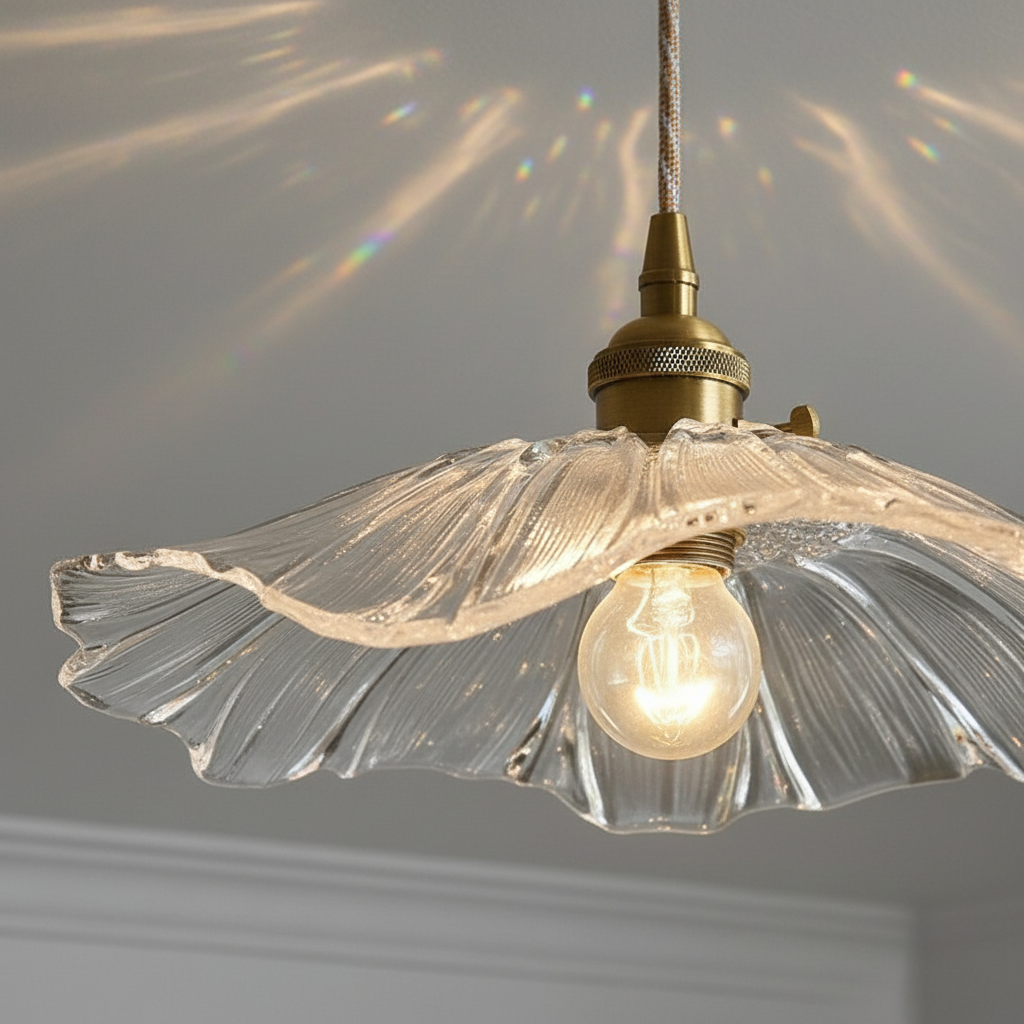 Lustre 3 Suspensions Fleur Verre Transparent Cristal Vintage - gros plan sur les détails de fabrication