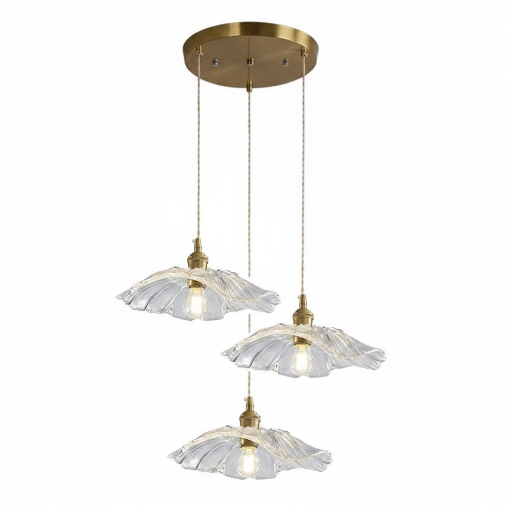 Lustre 3 Suspensions Fleur Verre Transparent Cristal Vintage - vue produit sur fond blanc