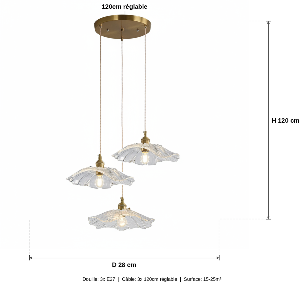 Lustre 3 Suspensions Fleur Verre Transparent Cristal Vintage - schéma des dimensions