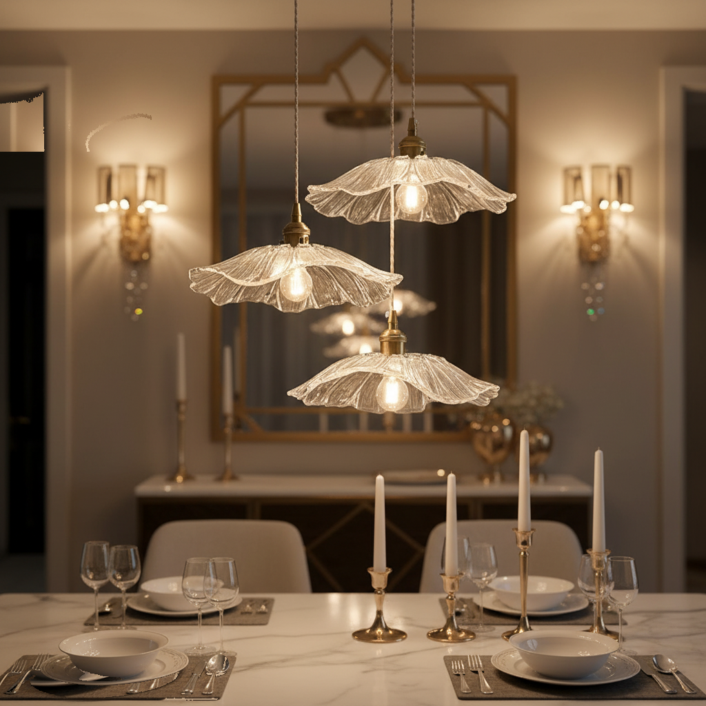 Lustre 3 Suspensions Fleur Verre Transparent Cristal Vintage mise en ambiance dans un intérieur