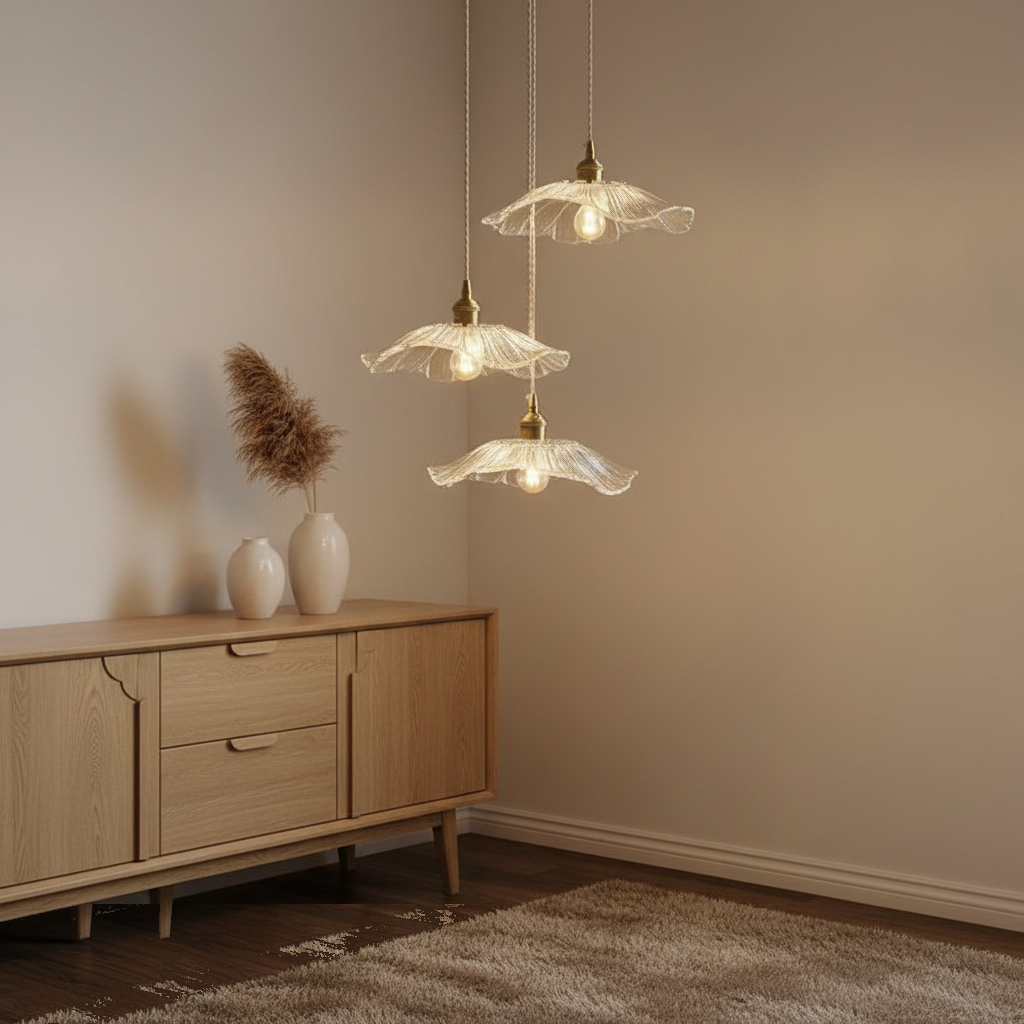 Lustre 3 Suspensions Fleur Verre Transparent Cristal Vintage en situation décorative