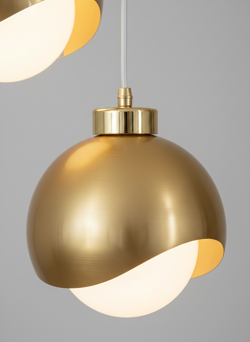 Lustre Design 5 Globes Dorés Brossés Spirale - gros plan sur les détails de fabrication