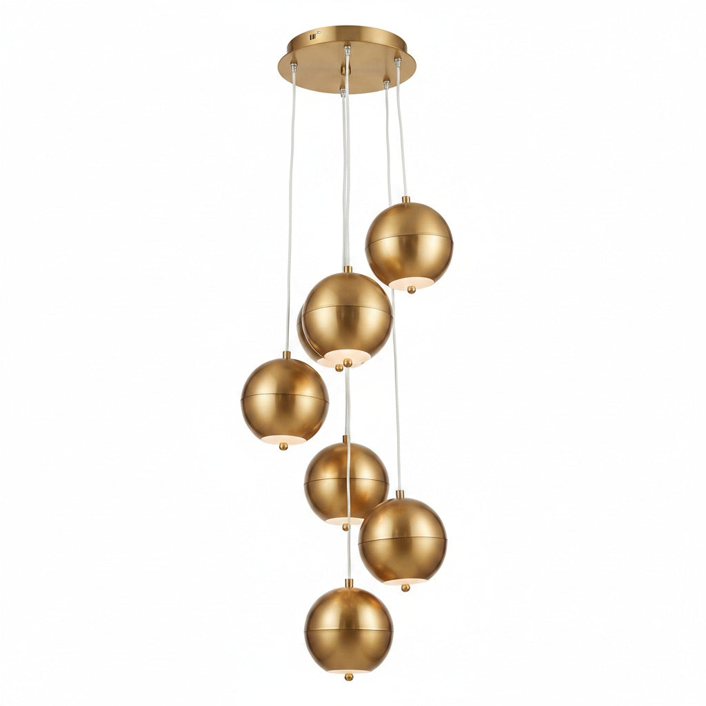 Lustre Design 5 Globes Dorés Brossés Spirale - vue produit sur fond blanc