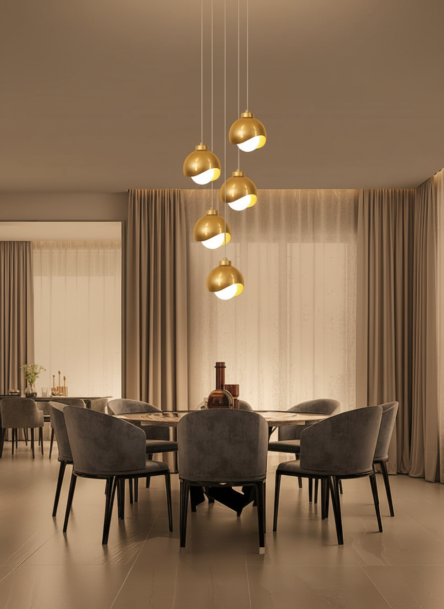 Lustre Design 5 Globes Dorés Brossés Spirale allumée diffusant sa lumière