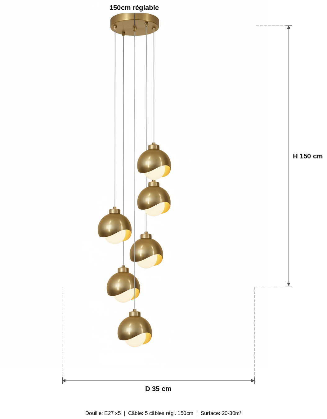 Lustre Design 5 Globes Dorés Brossés Spirale - schéma des dimensions