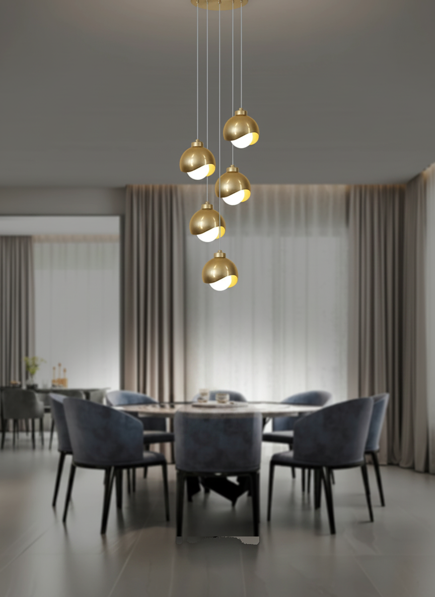 Lustre Design 5 Globes Dorés Brossés Spirale mise en ambiance dans un intérieur