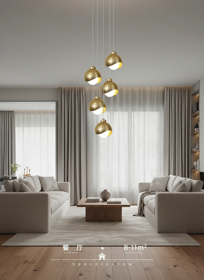 Lustre Design 5 Globes Dorés Brossés Spirale en situation décorative