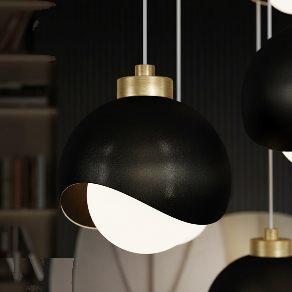 Lustre Design 5 Globes Noirs Dorés Spirale - gros plan sur les détails de fabrication