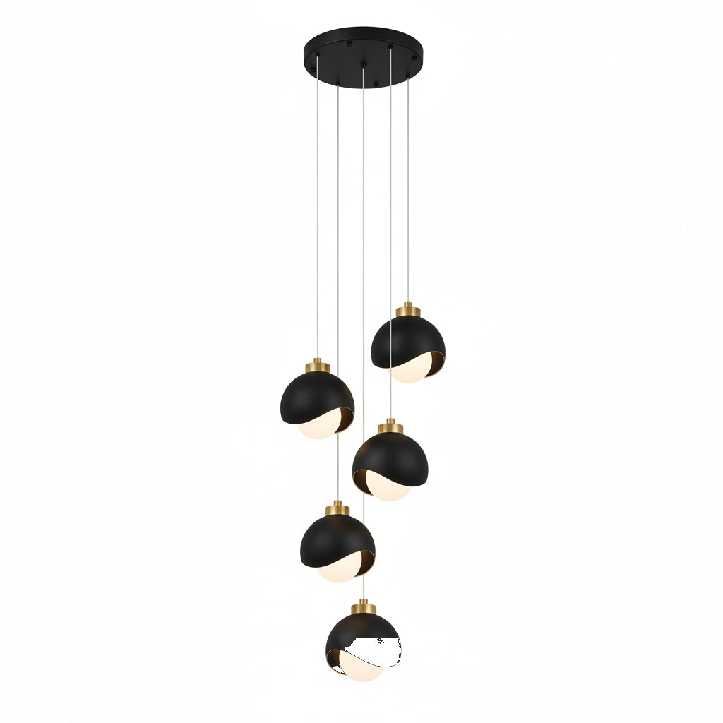 Lustre Design 5 Globes Noirs Dorés Spirale - vue produit sur fond blanc