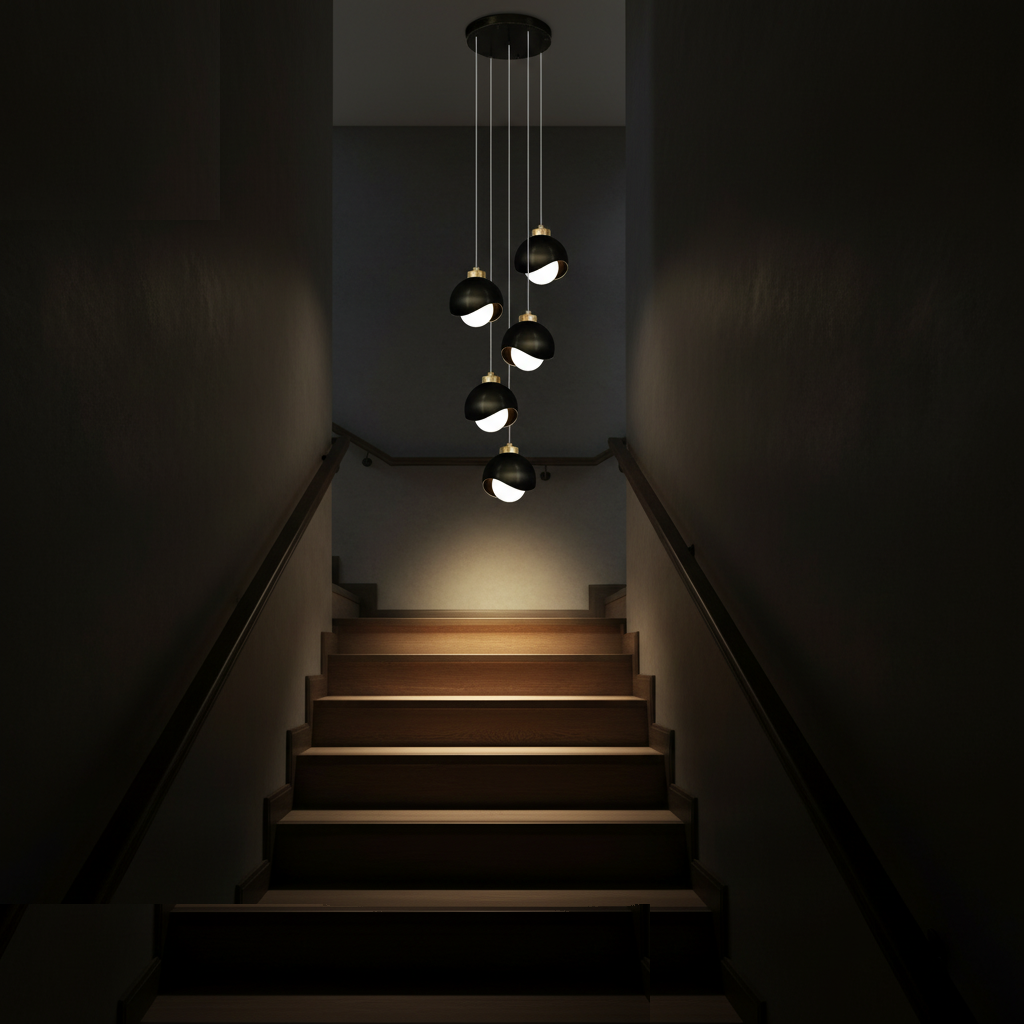 Lustre Design 5 Globes Noirs Dorés Spirale allumée diffusant sa lumière