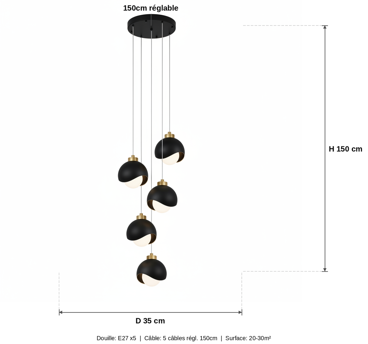 Lustre Design 5 Globes Noirs Dorés Spirale - schéma des dimensions