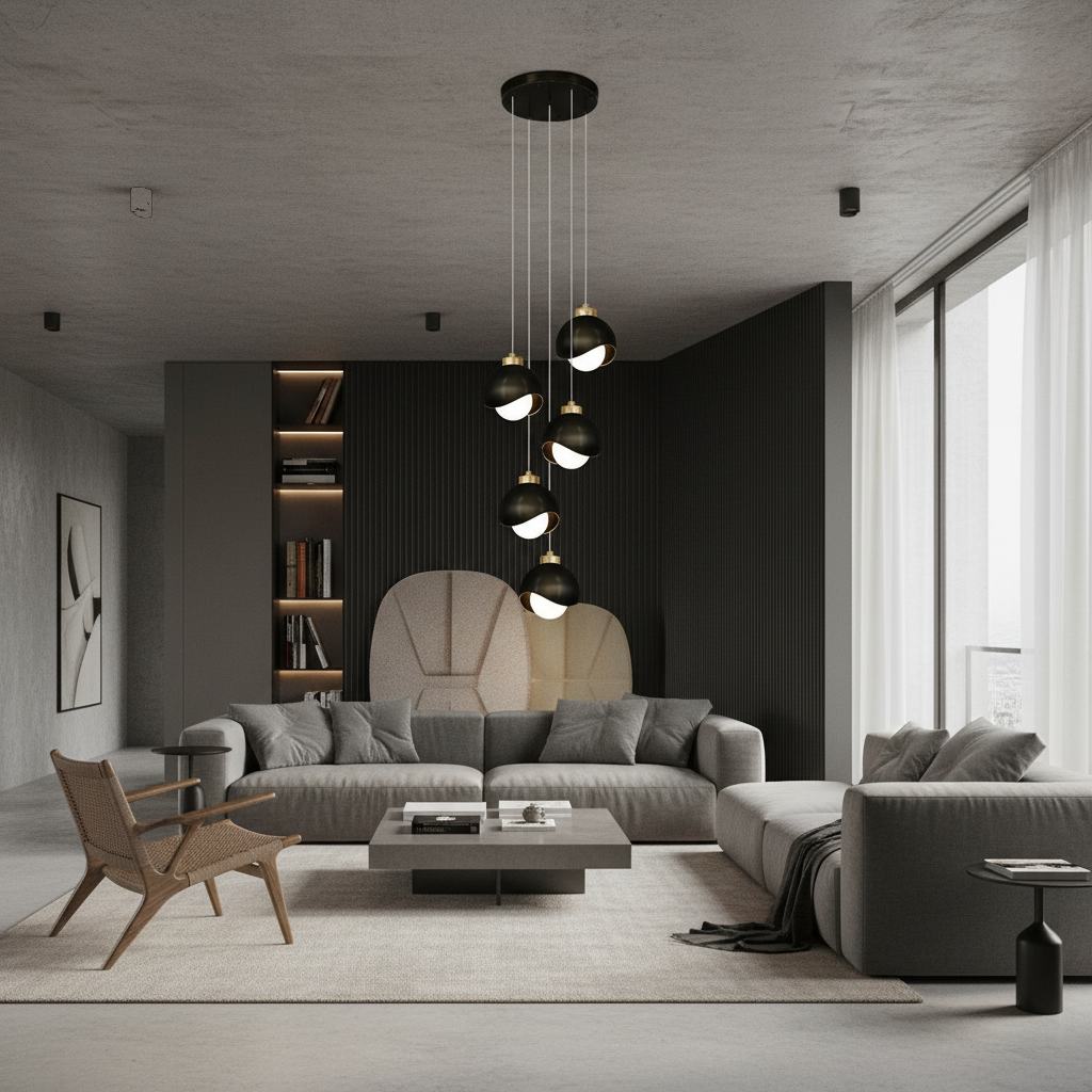Lustre Design 5 Globes Noirs Dorés Spirale en situation décorative