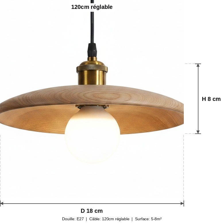 Suspension Plateau Bois Massif Wabi-Sabi Design - schéma des dimensions (diamètre 18 cm)