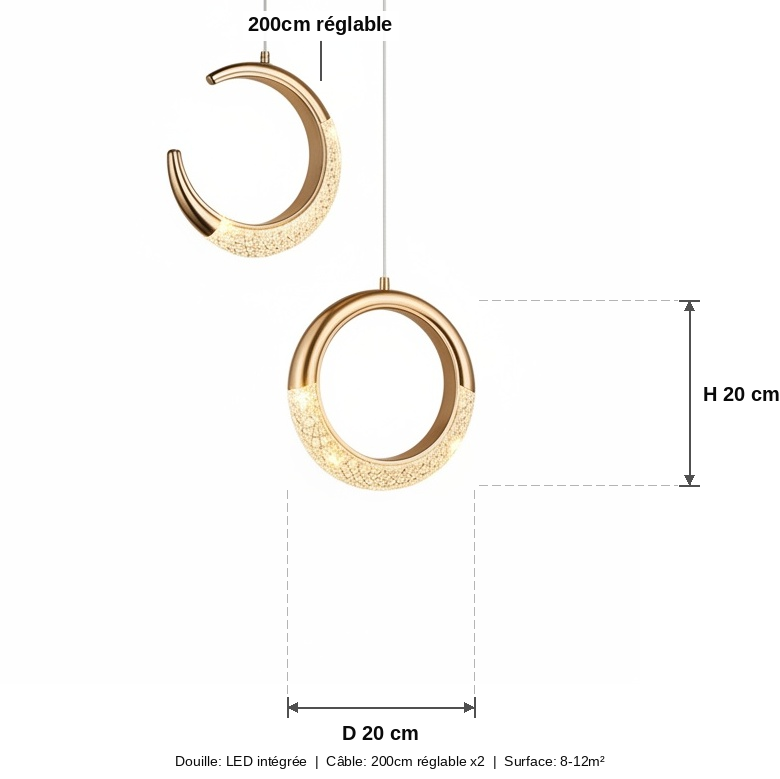 Suspension Double Lune et Anneau LED Cristal Doré - schéma des dimensions
