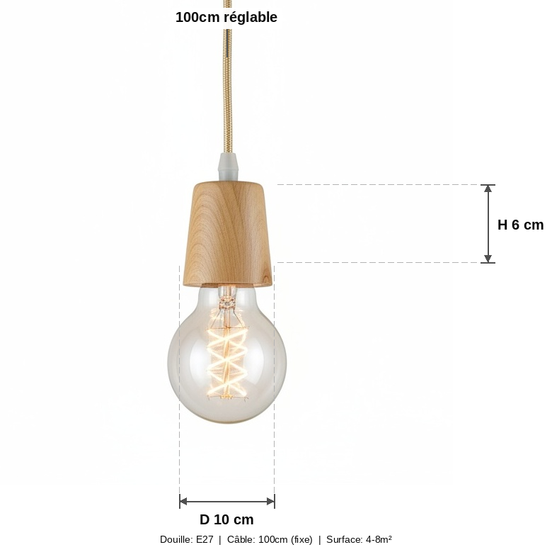 Suspension Douille Bois Naturel Minimaliste Vintage - schéma des dimensions