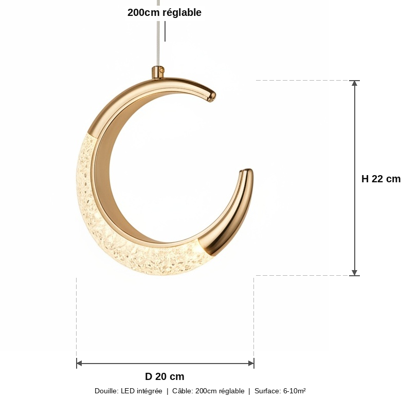 Suspension Croissant de Lune LED Cristal Design Doré - schéma des dimensions