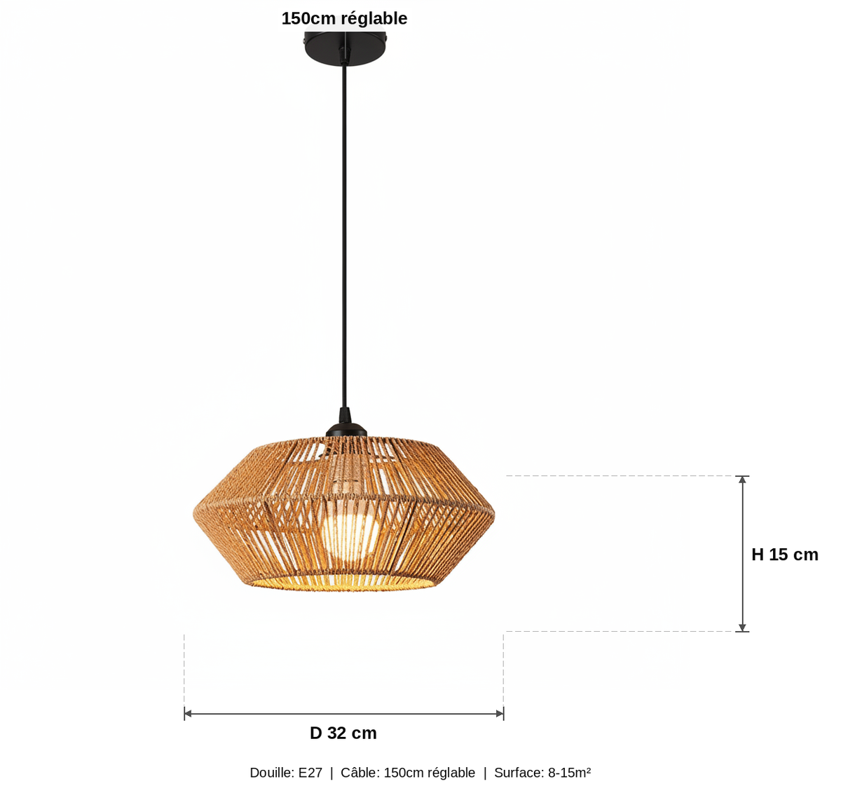 Suspension Rotin Tressé Géométrique Bohème - schéma des dimensions