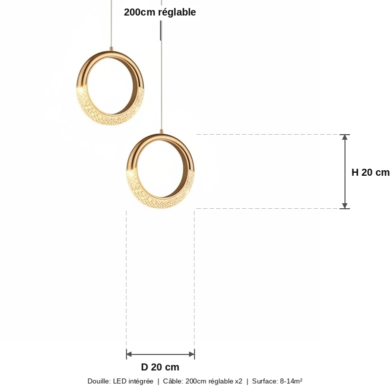 Suspension Duo Anneaux LED Cristal Acrylique Doré - schéma des dimensions