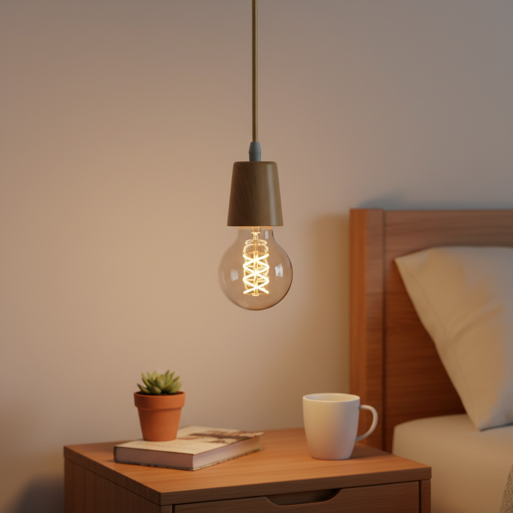 Suspension Douille Bois Naturel Minimaliste Vintage mise en ambiance dans un intérieur