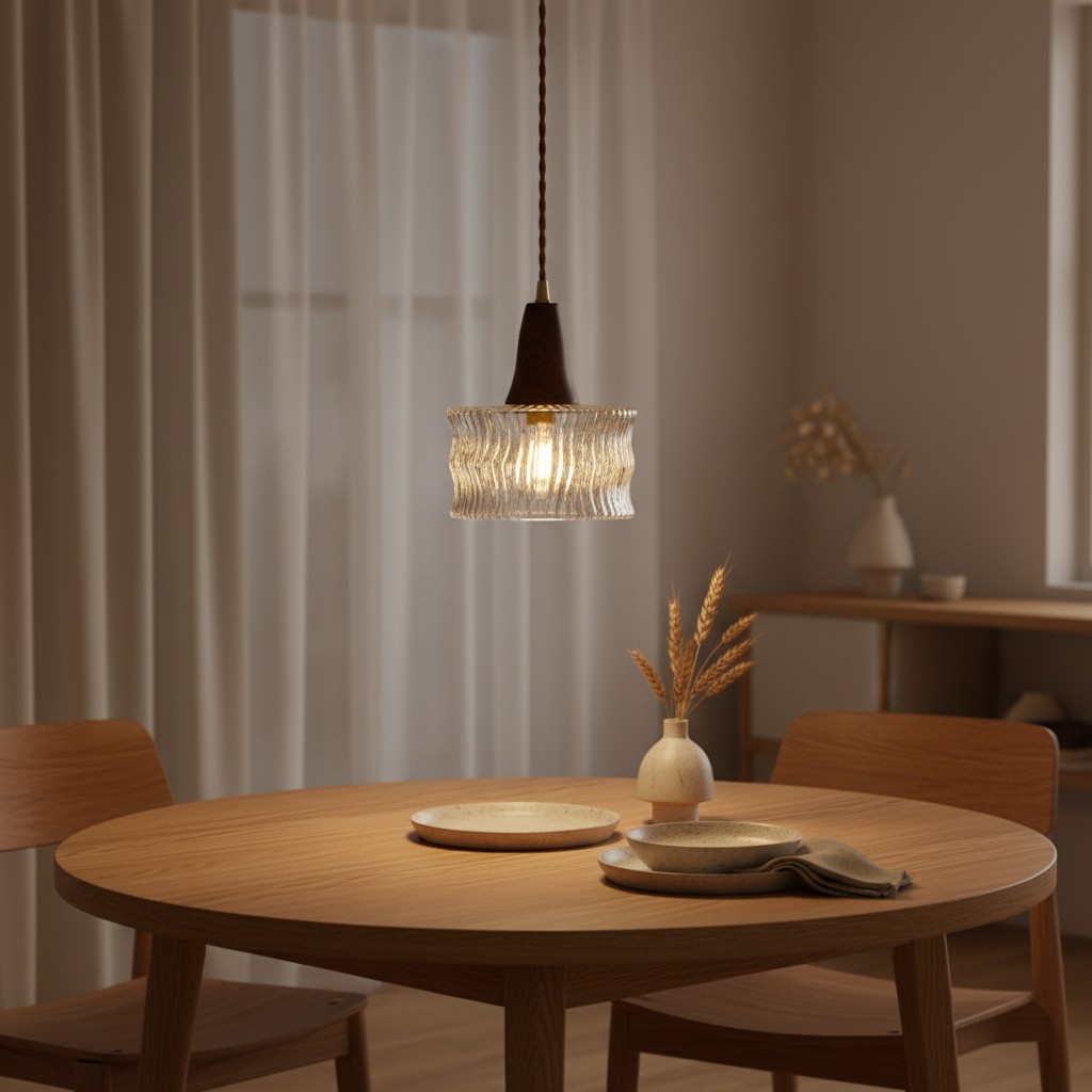 Suspension Bois Noyer Verre Cannelé Nordique mise en ambiance dans un intérieur (variante clean)