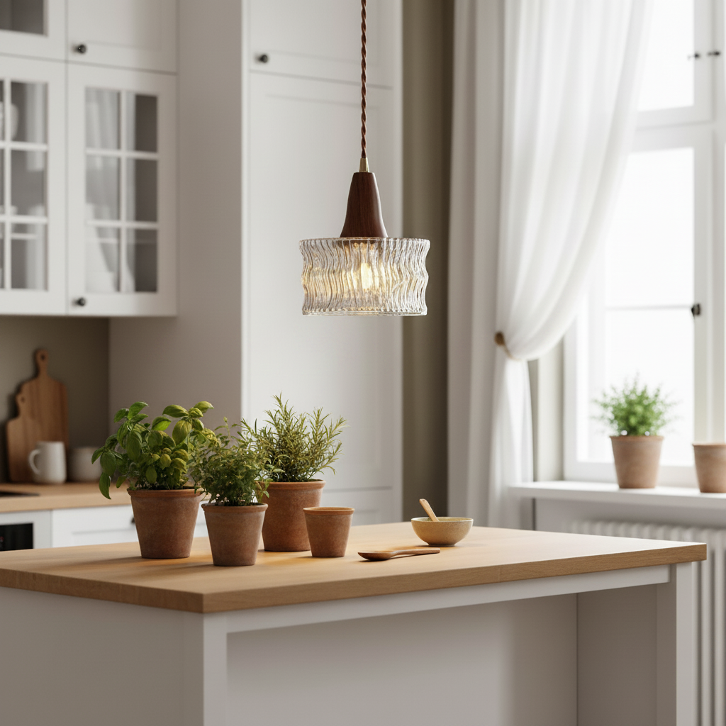 Suspension Bois Noyer Verre Cannelé Nordique en situation décorative (variante clean)