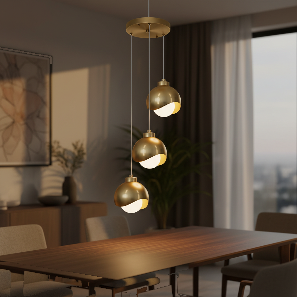 Suspension 3 Boules Métal Doré Design Moderne allumée diffusant sa lumière